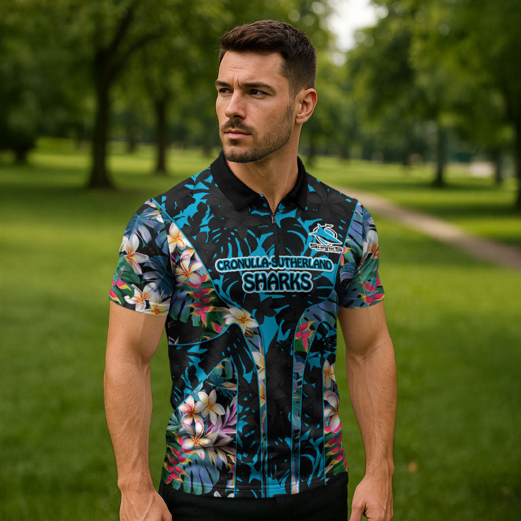 Cronulla-Sutherland Sharks Zipper Polo Shirt Tropical Island Floral Pattern With Black And Blue Accents