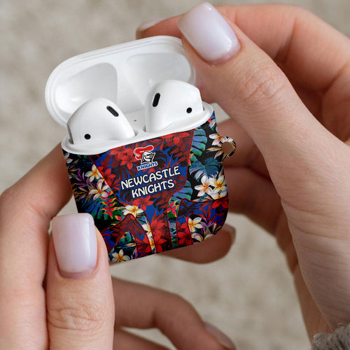 Newcastle Knights AirPods Case Tropical Hibiscus Floral Pattern With Blue And Red Accents