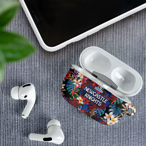 Newcastle Knights AirPods Case Tropical Hibiscus Floral Pattern With Blue And Red Accents