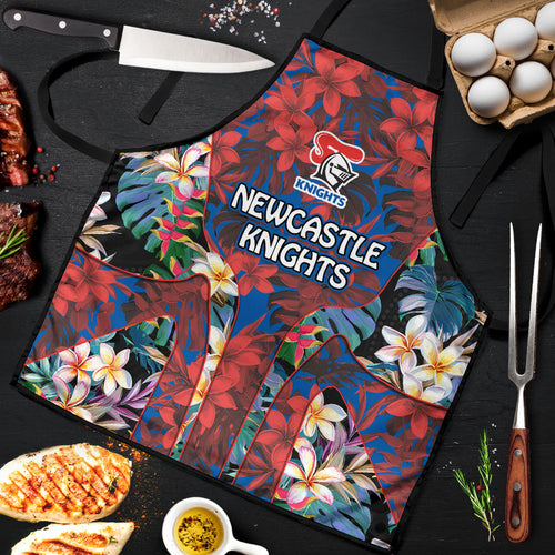 Newcastle Knights Apron Tropical Hibiscus Floral Pattern With Blue And Red Accents