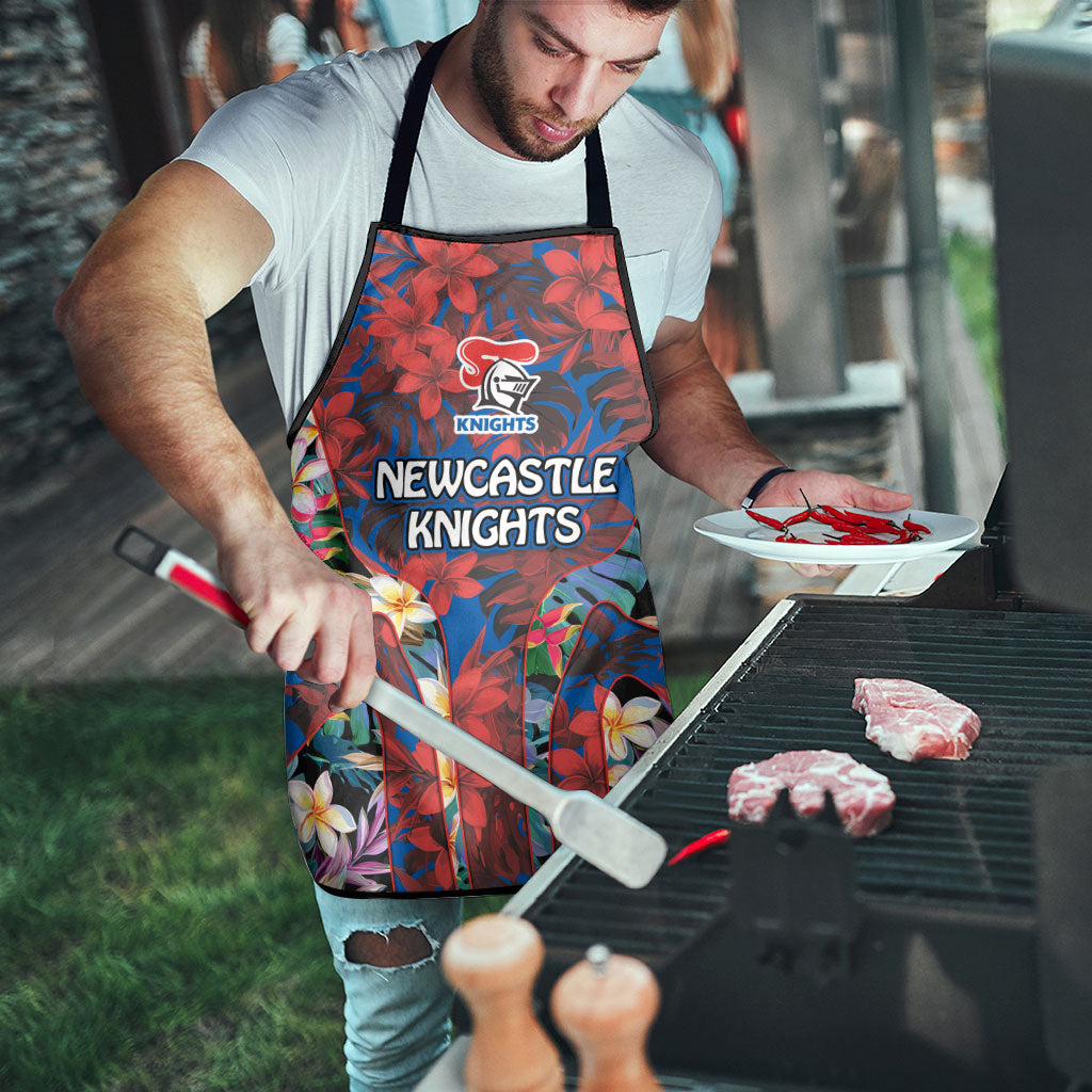Newcastle Knights Apron Tropical Hibiscus Floral Pattern With Blue And Red Accents