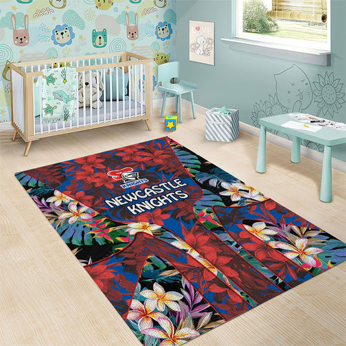 Newcastle Knights Area Rug Tropical Hibiscus Floral Pattern With Blue And Red Accents
