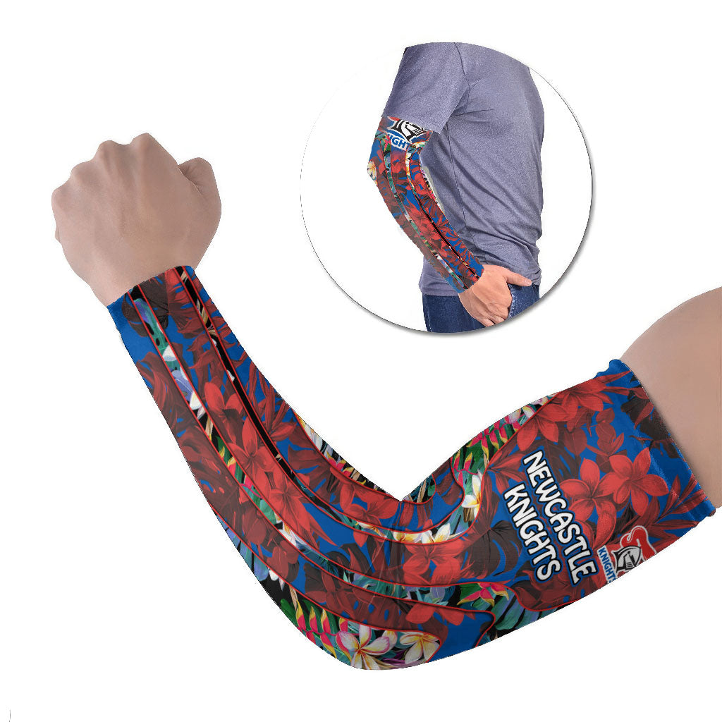 Newcastle Knights Arm Sleeves Tropical Hibiscus Floral Pattern With Blue And Red Accents