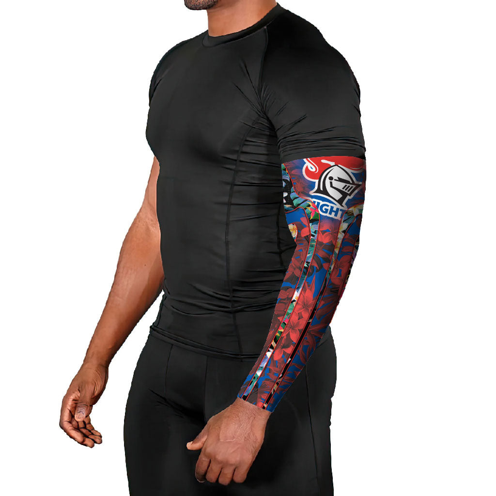 Newcastle Knights Arm Sleeves Tropical Hibiscus Floral Pattern With Blue And Red Accents