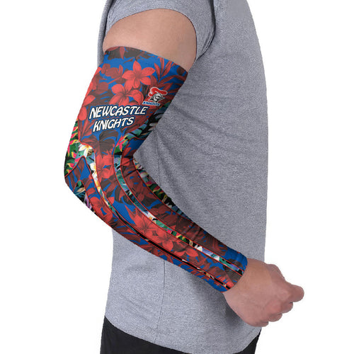 Newcastle Knights Arm Sleeves Tropical Hibiscus Floral Pattern With Blue And Red Accents