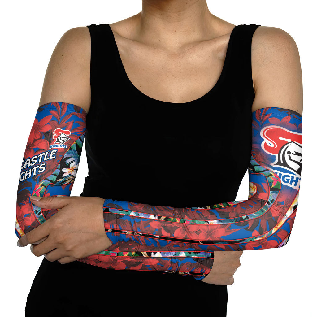 Newcastle Knights Arm Sleeves Tropical Hibiscus Floral Pattern With Blue And Red Accents