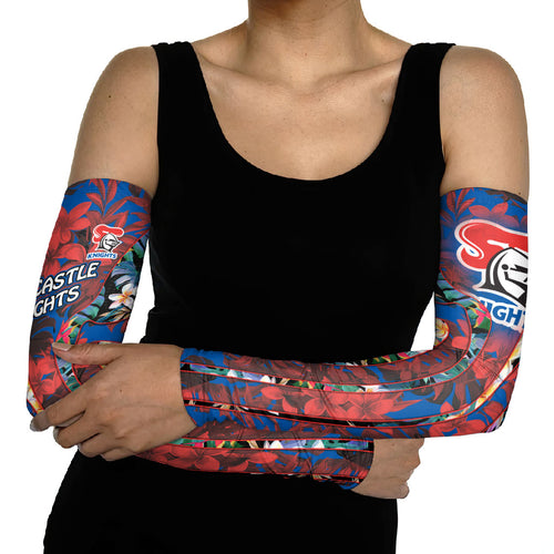 Newcastle Knights Arm Sleeves Tropical Hibiscus Floral Pattern With Blue And Red Accents