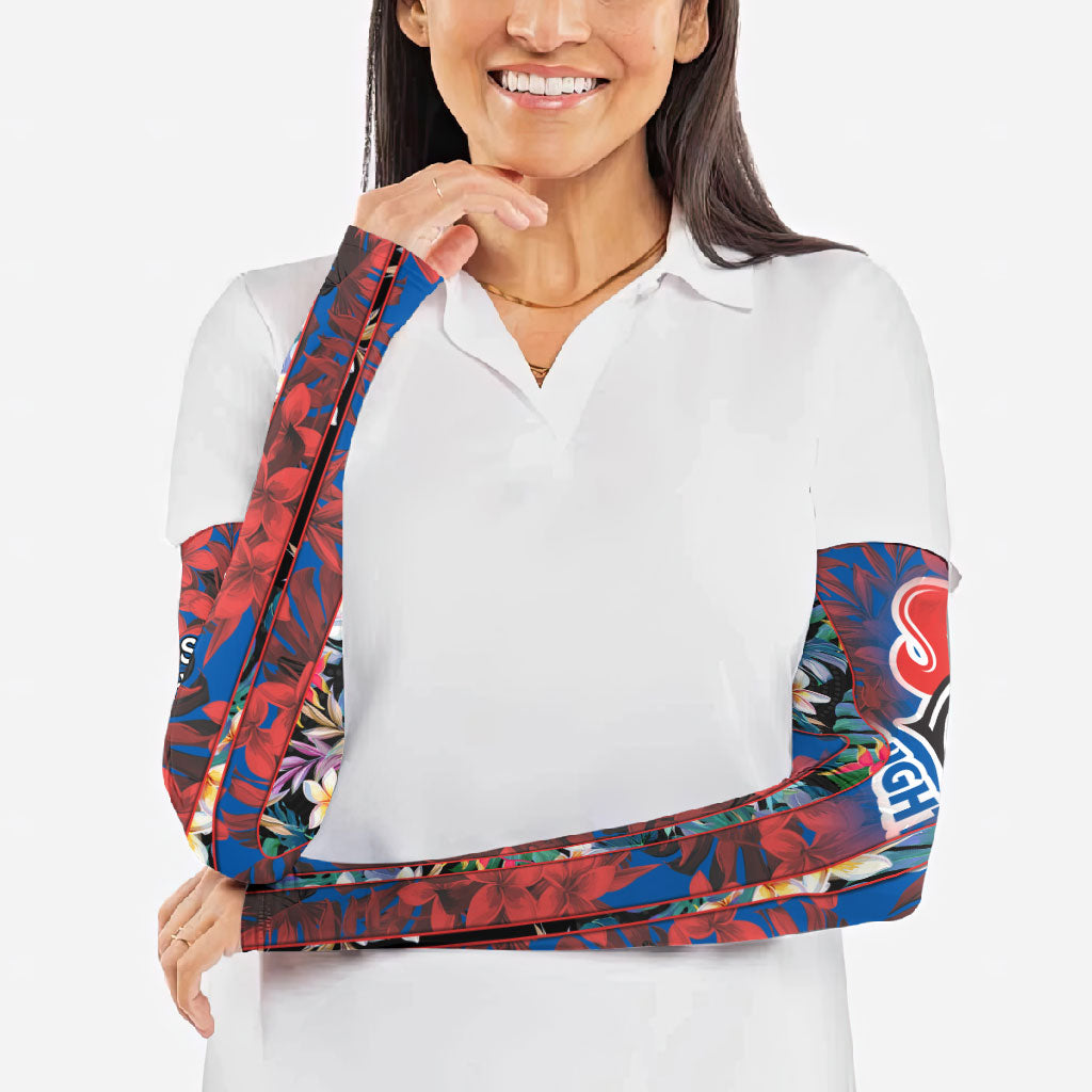 Newcastle Knights Arm Sleeves Tropical Hibiscus Floral Pattern With Blue And Red Accents