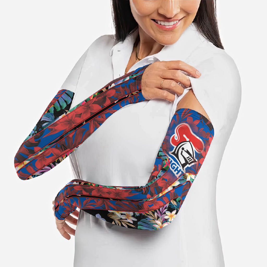 Newcastle Knights Arm Sleeves Tropical Hibiscus Floral Pattern With Blue And Red Accents