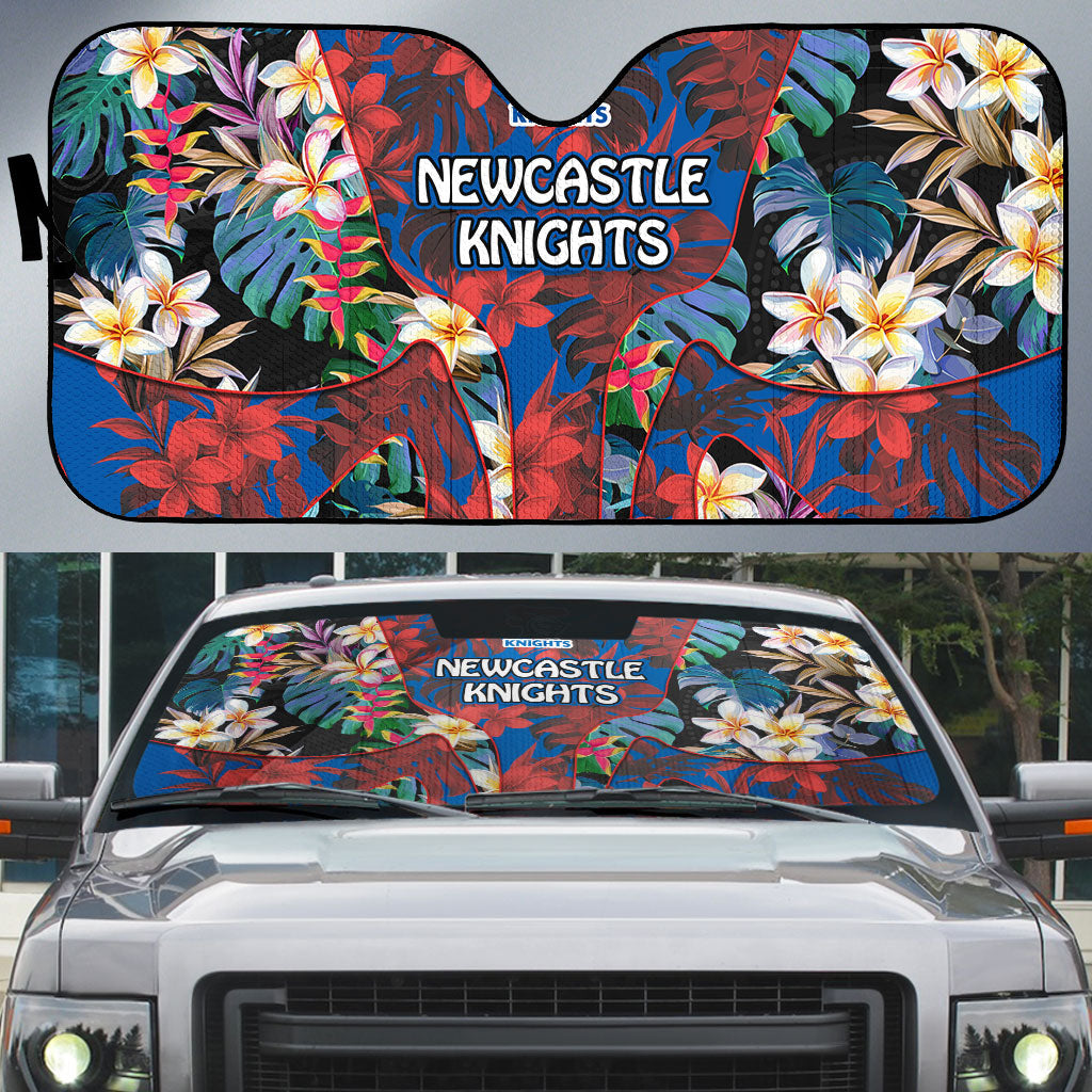 Newcastle Knights Auto Sun Shade Tropical Hibiscus Floral Pattern With Blue And Red Accents