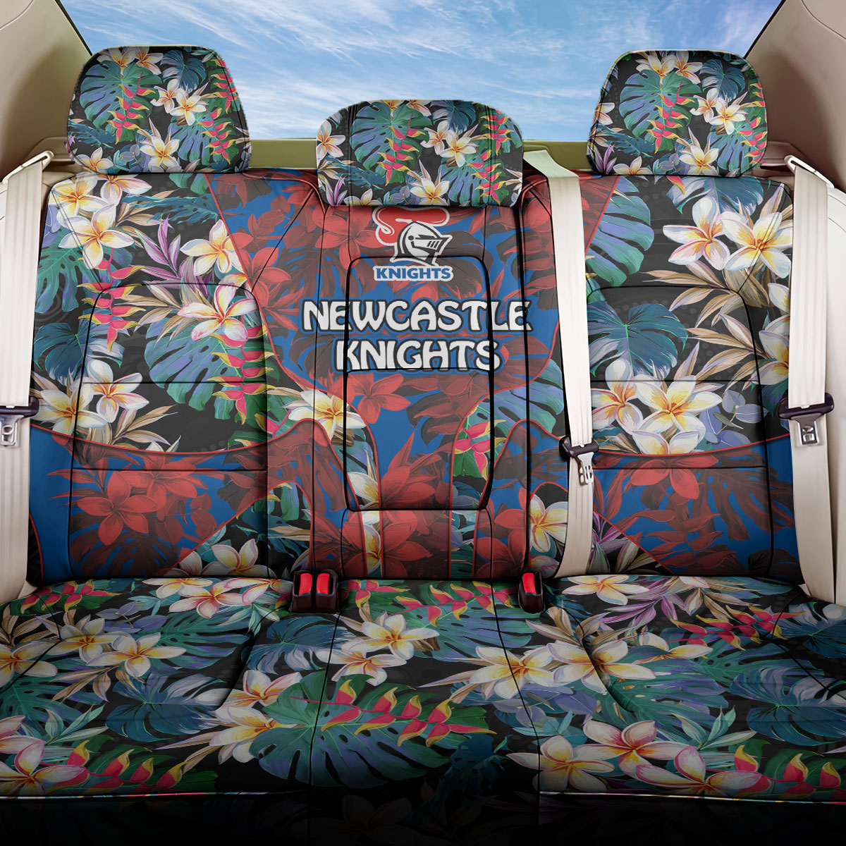 Newcastle Knights Back Car Seat Cover Tropical Hibiscus Floral Pattern With Blue And Red Accents
