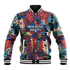 Newcastle Knights Baseball Jacket Tropical Hibiscus Floral Pattern With Blue And Red Accents