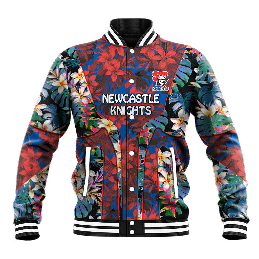Newcastle Knights Baseball Jacket Tropical Hibiscus Floral Pattern With Blue And Red Accents