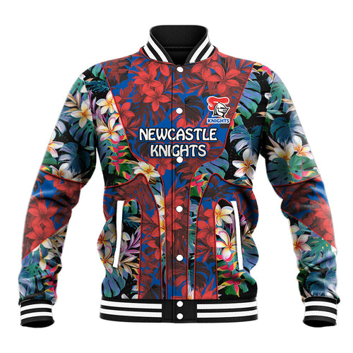 Newcastle Knights Baseball Jacket Tropical Hibiscus Floral Pattern With Blue And Red Accents