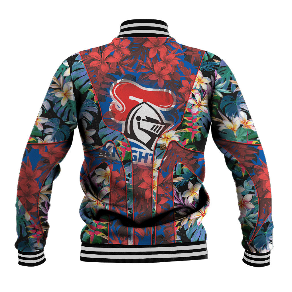 Newcastle Knights Baseball Jacket Tropical Hibiscus Floral Pattern With Blue And Red Accents