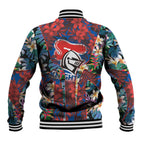 Newcastle Knights Baseball Jacket Tropical Hibiscus Floral Pattern With Blue And Red Accents