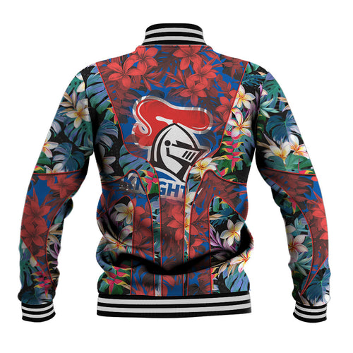 Newcastle Knights Baseball Jacket Tropical Hibiscus Floral Pattern With Blue And Red Accents