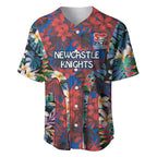 Newcastle Knights Baseball Jersey Tropical Hibiscus Floral Pattern With Blue And Red Accents