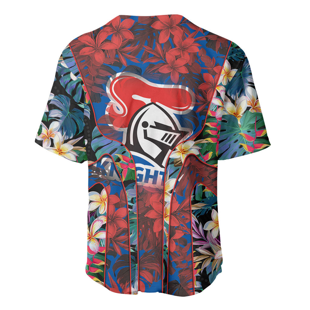 Newcastle Knights Baseball Jersey Tropical Hibiscus Floral Pattern With Blue And Red Accents
