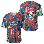 Newcastle Knights Baseball Jersey Tropical Hibiscus Floral Pattern With Blue And Red Accents