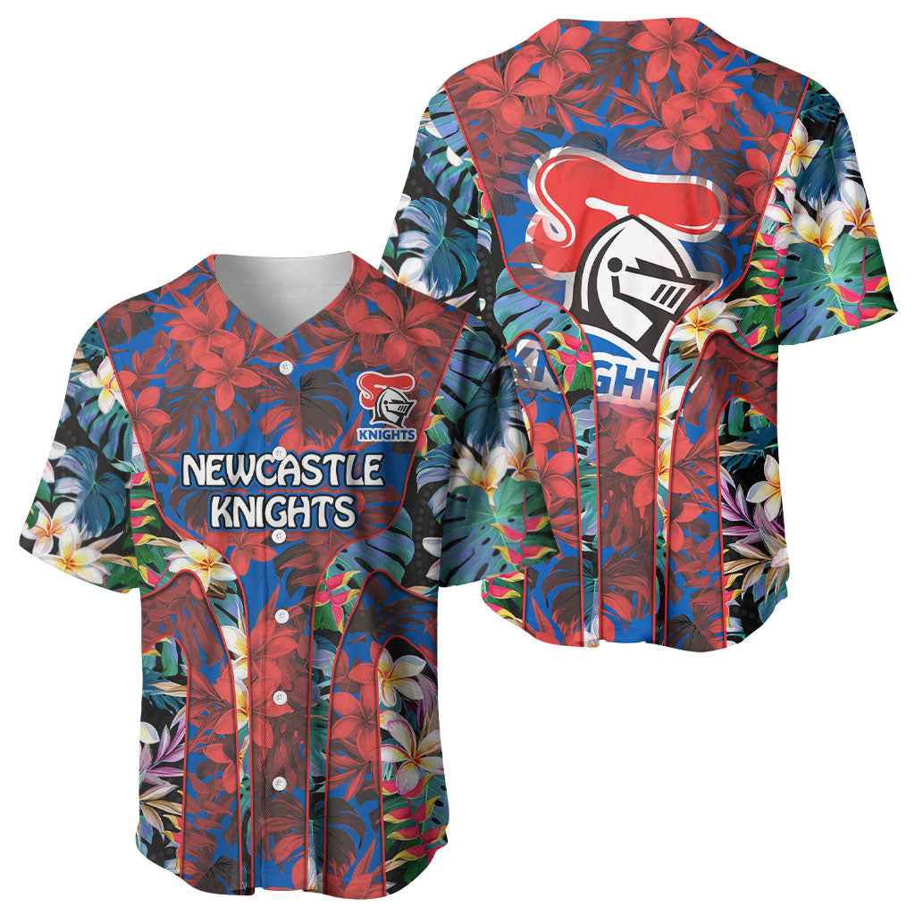 Newcastle Knights Baseball Jersey Tropical Hibiscus Floral Pattern With Blue And Red Accents
