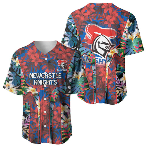 Newcastle Knights Baseball Jersey Tropical Hibiscus Floral Pattern With Blue And Red Accents