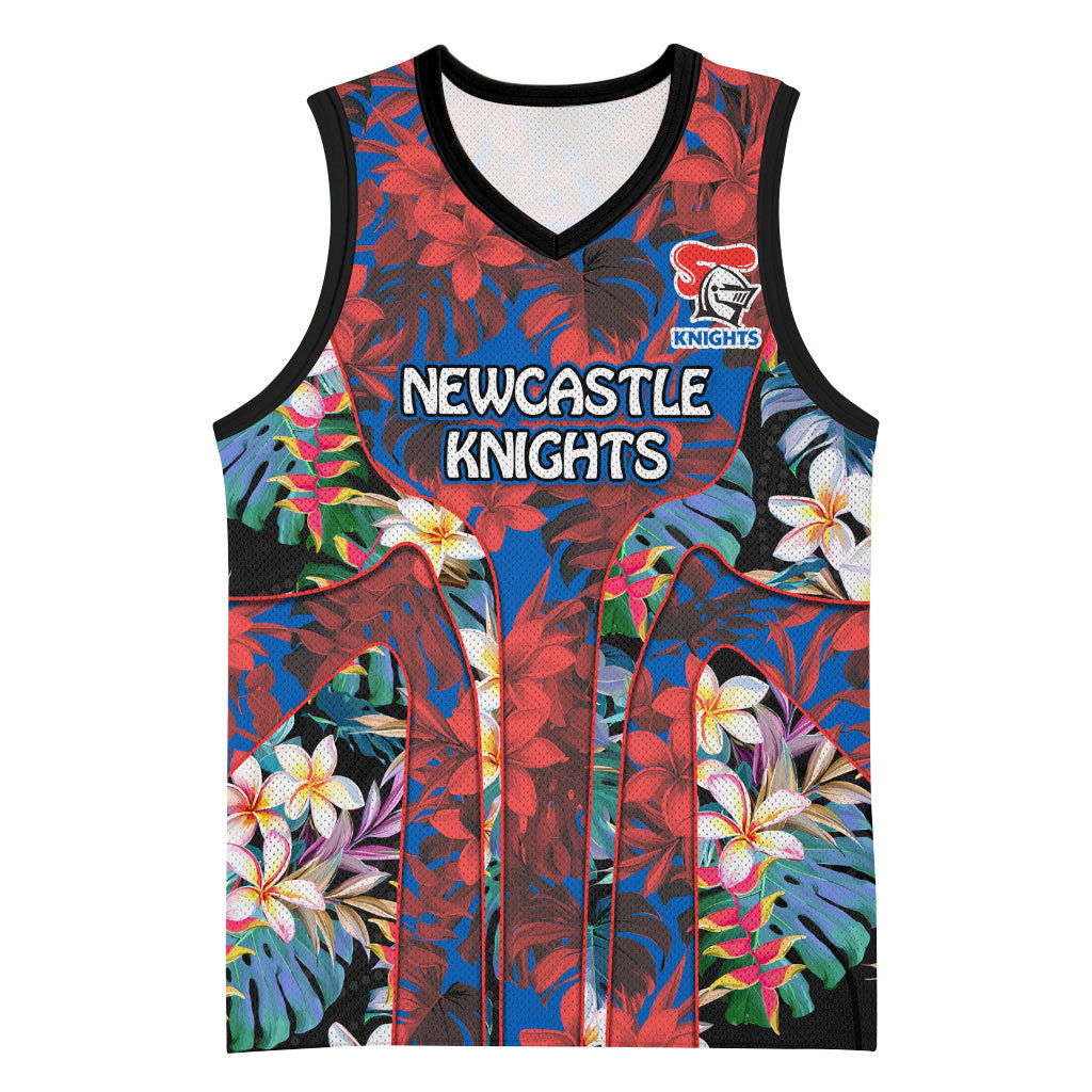 Newcastle Knights Basketball Jersey Tropical Hibiscus Floral Pattern With Blue And Red Accents