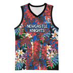 Newcastle Knights Basketball Jersey Tropical Hibiscus Floral Pattern With Blue And Red Accents