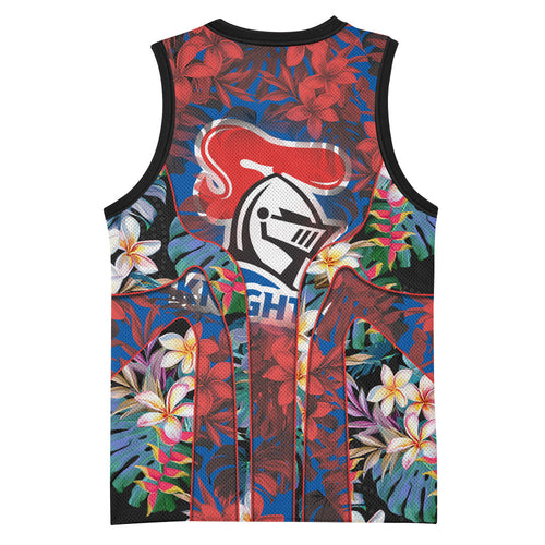 Newcastle Knights Basketball Jersey Tropical Hibiscus Floral Pattern With Blue And Red Accents