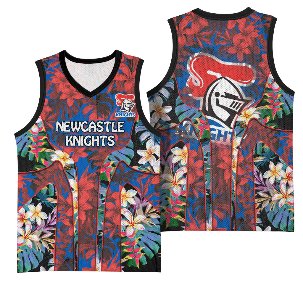Newcastle Knights Basketball Jersey Tropical Hibiscus Floral Pattern With Blue And Red Accents