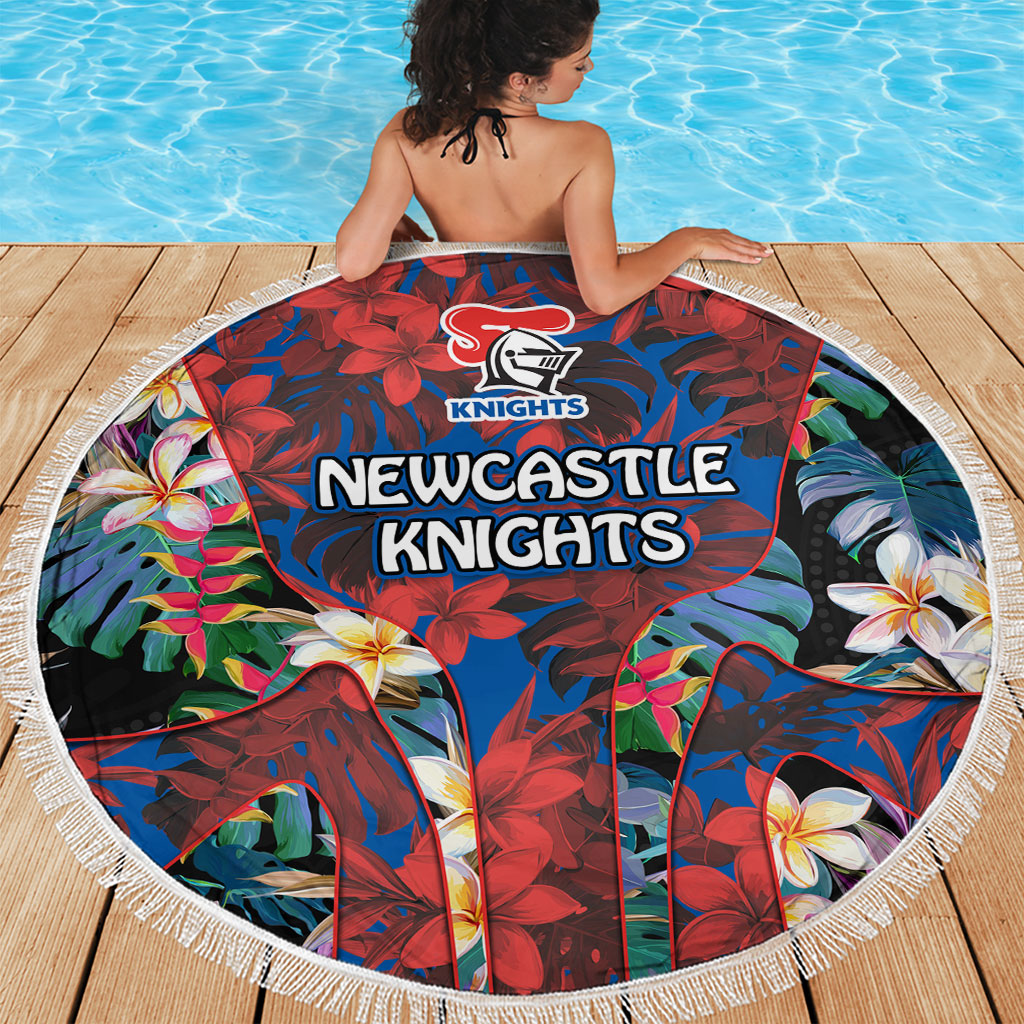 Newcastle Knights Beach Blanket Tropical Hibiscus Floral Pattern With Blue And Red Accents