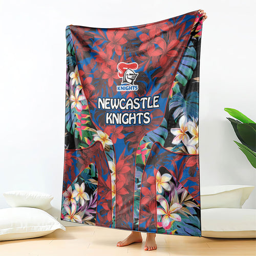 Newcastle Knights Blanket Tropical Hibiscus Floral Pattern With Blue And Red Accents