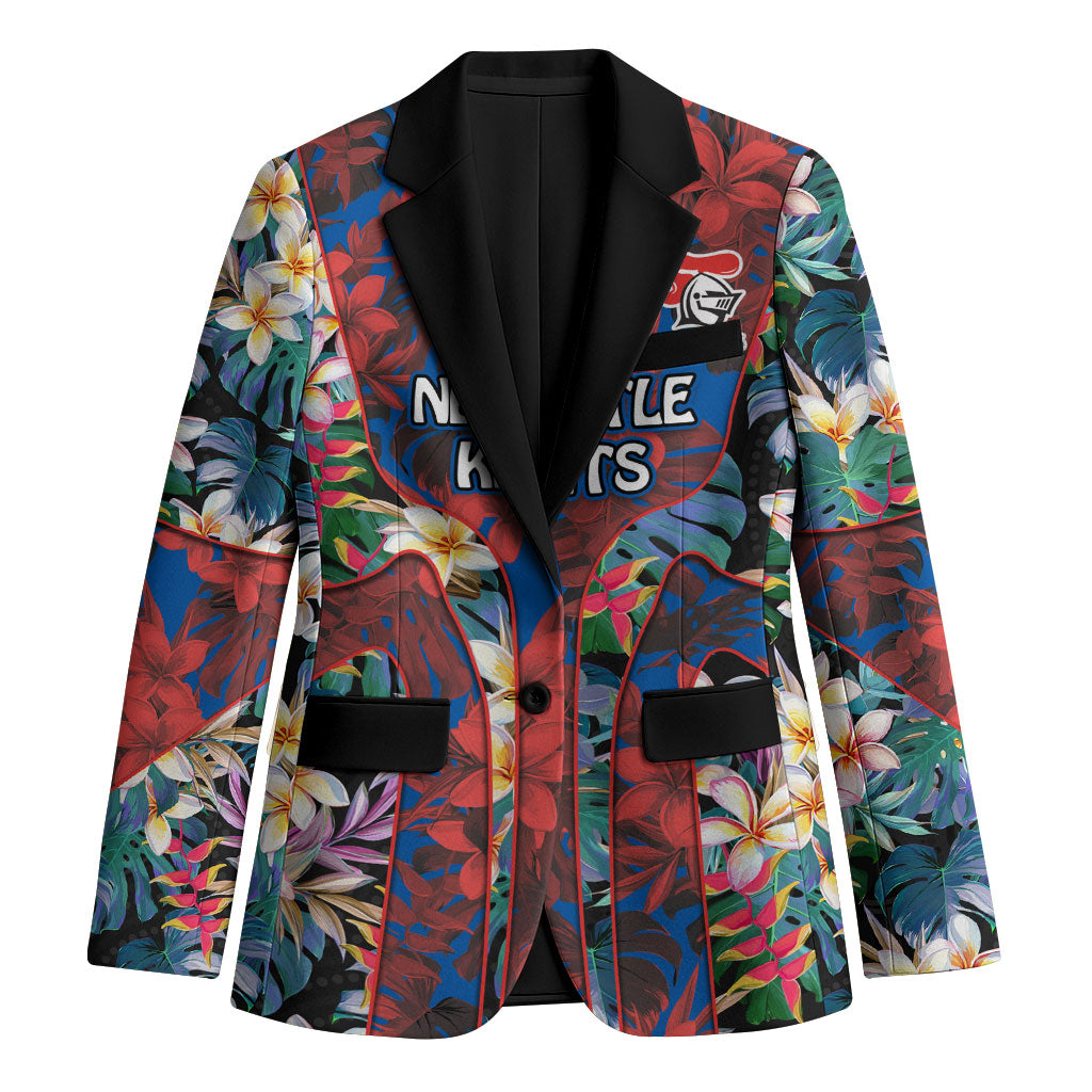 Newcastle Knights Blazer Tropical Hibiscus Floral Pattern With Blue And Red Accents