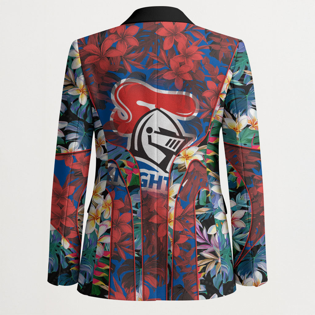 Newcastle Knights Blazer Tropical Hibiscus Floral Pattern With Blue And Red Accents