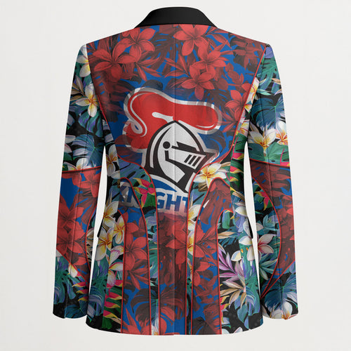 Newcastle Knights Blazer Tropical Hibiscus Floral Pattern With Blue And Red Accents