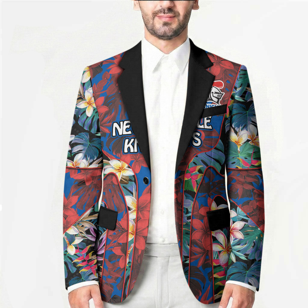 Newcastle Knights Blazer Tropical Hibiscus Floral Pattern With Blue And Red Accents