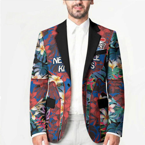 Newcastle Knights Blazer Tropical Hibiscus Floral Pattern With Blue And Red Accents
