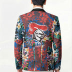 Newcastle Knights Blazer Tropical Hibiscus Floral Pattern With Blue And Red Accents