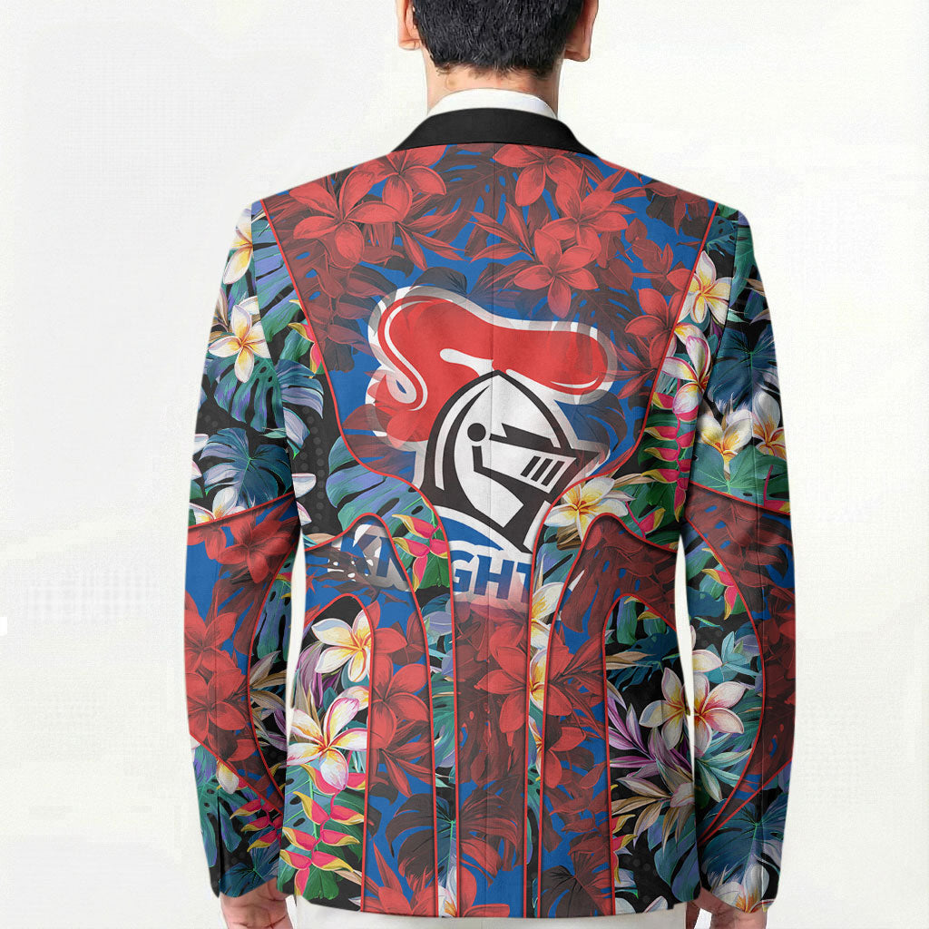 Newcastle Knights Blazer Tropical Hibiscus Floral Pattern With Blue And Red Accents
