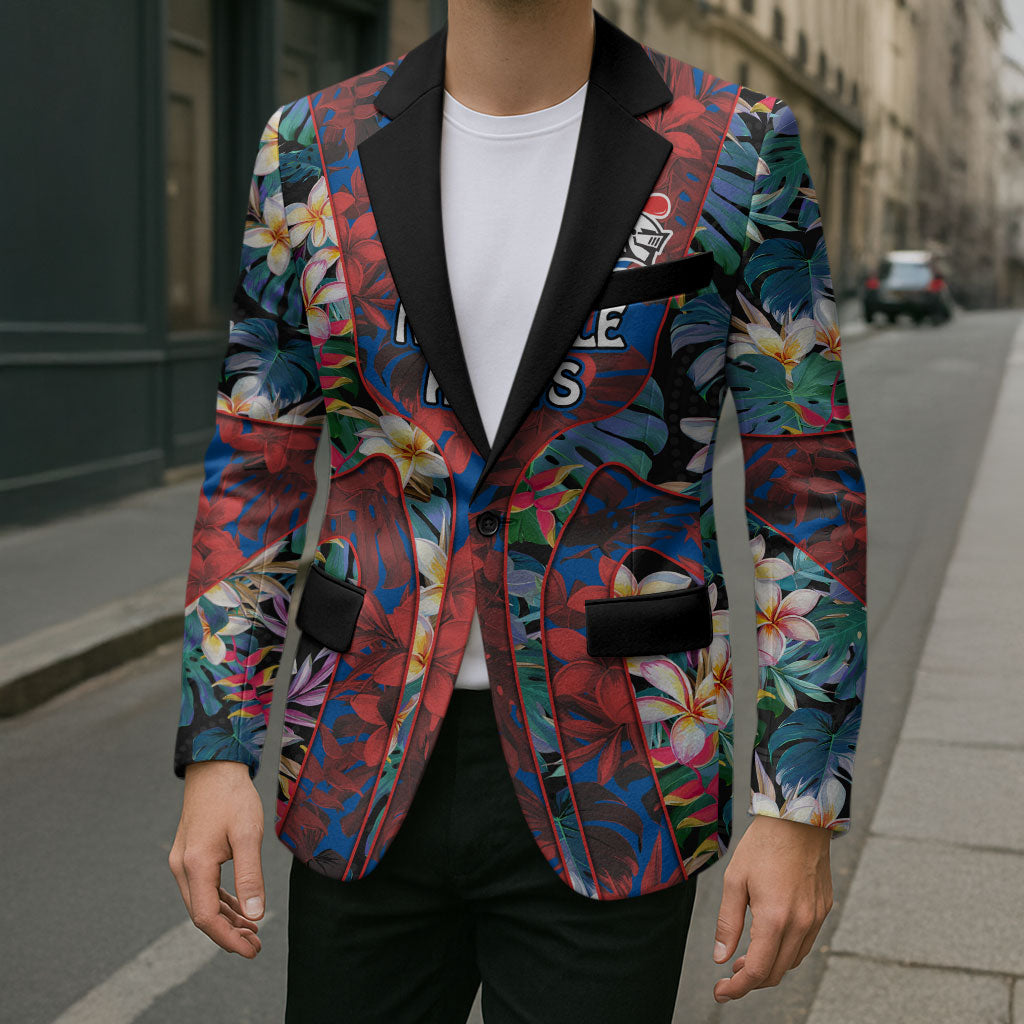 Newcastle Knights Blazer Tropical Hibiscus Floral Pattern With Blue And Red Accents