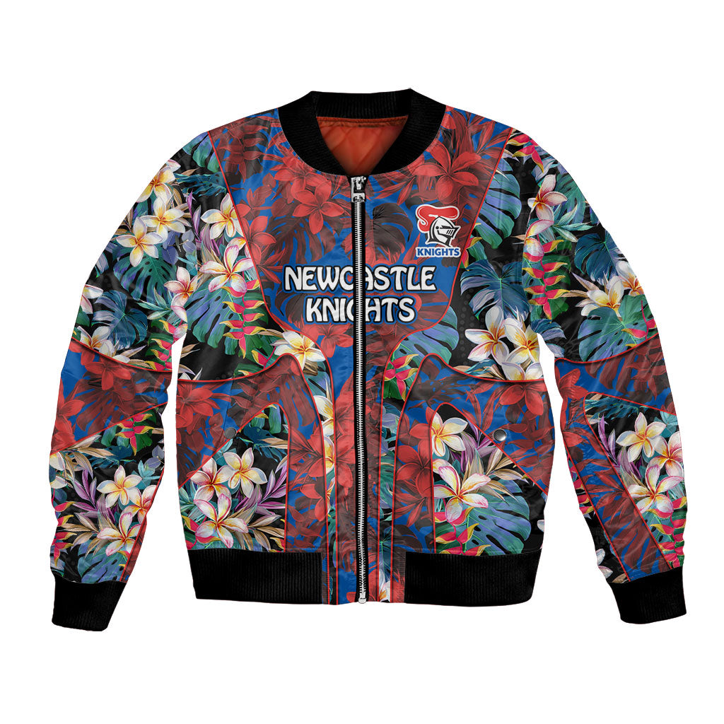 Newcastle Knights Bomber Jacket Tropical Hibiscus Floral Pattern With Blue And Red Accents