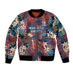 Newcastle Knights Bomber Jacket Tropical Hibiscus Floral Pattern With Blue And Red Accents