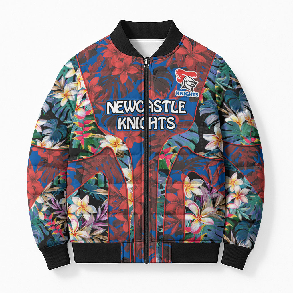 Newcastle Knights Bomber Puffer Jacket Tropical Hibiscus Floral Pattern With Blue And Red Accents