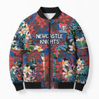 Newcastle Knights Bomber Puffer Jacket Tropical Hibiscus Floral Pattern With Blue And Red Accents