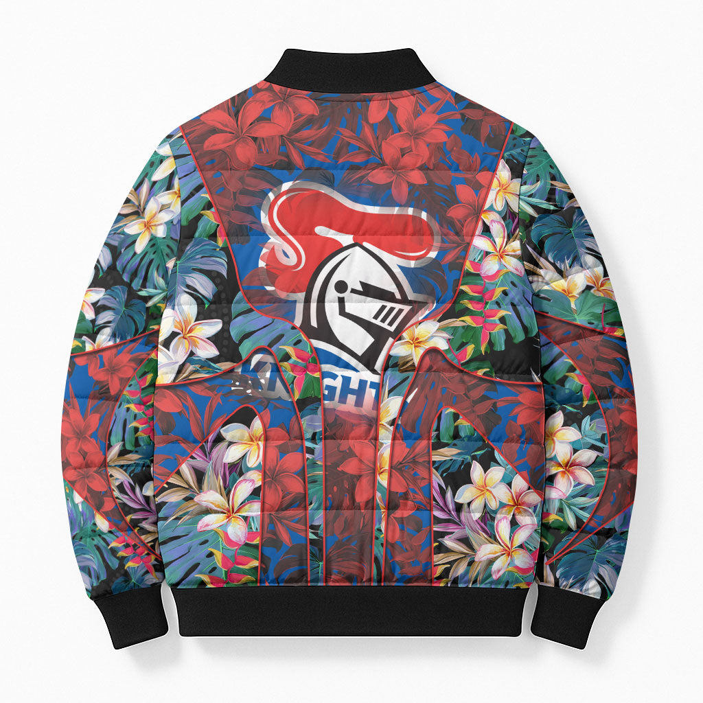 Newcastle Knights Bomber Puffer Jacket Tropical Hibiscus Floral Pattern With Blue And Red Accents