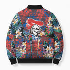 Newcastle Knights Bomber Puffer Jacket Tropical Hibiscus Floral Pattern With Blue And Red Accents