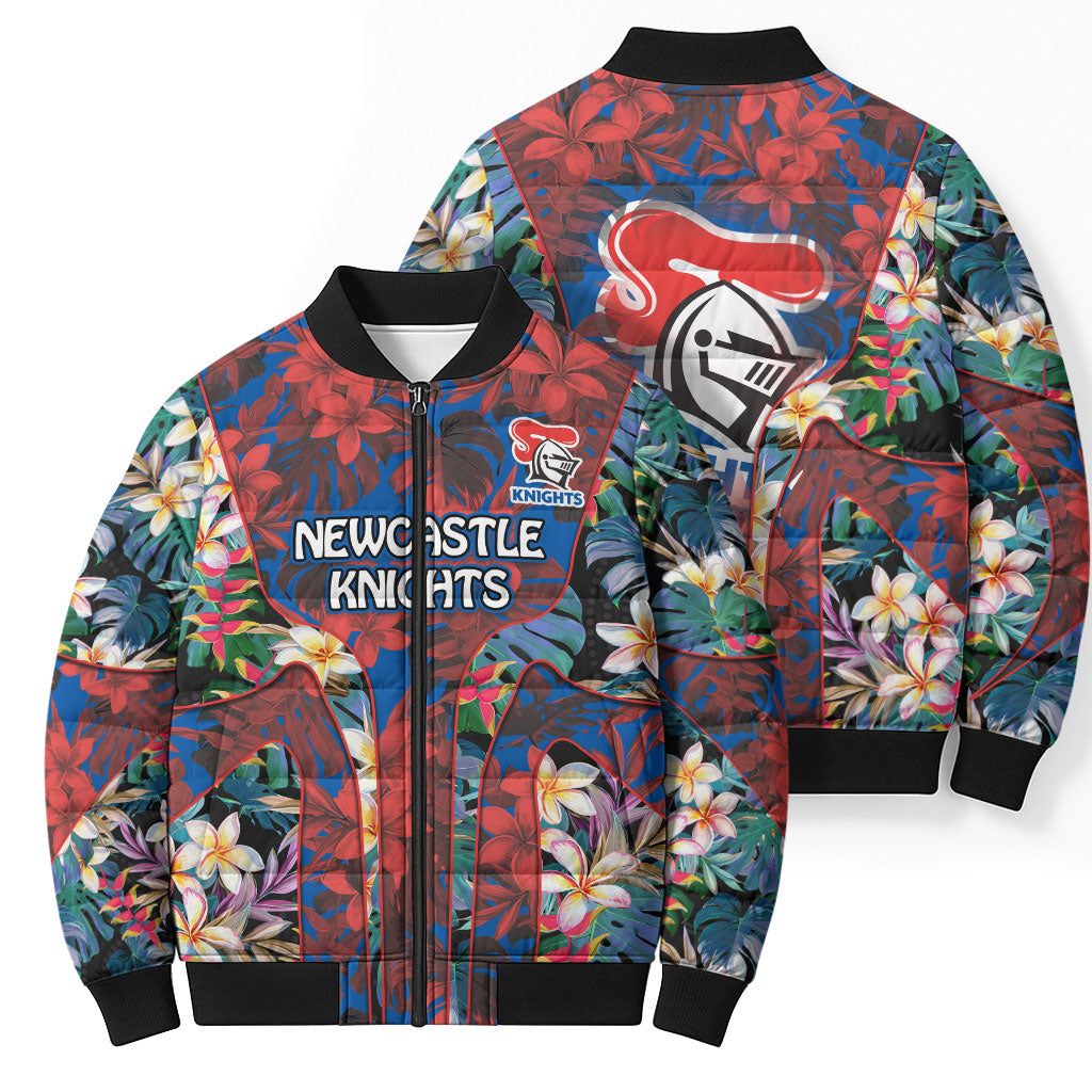Newcastle Knights Bomber Puffer Jacket Tropical Hibiscus Floral Pattern With Blue And Red Accents