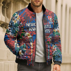 Newcastle Knights Bomber Puffer Jacket Tropical Hibiscus Floral Pattern With Blue And Red Accents