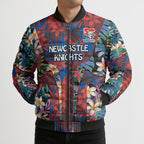 Newcastle Knights Bomber Puffer Jacket Tropical Hibiscus Floral Pattern With Blue And Red Accents