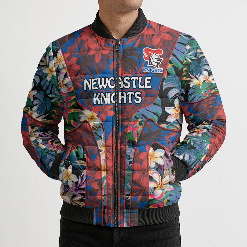 Newcastle Knights Bomber Puffer Jacket Tropical Hibiscus Floral Pattern With Blue And Red Accents